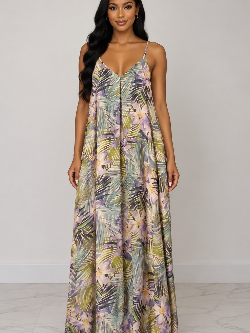 Dress Forum Tropical Floral Maxi Dress in Green, Lavender, Cream